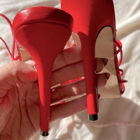 Red Strappy Square Toe Lace-Up Women's Heels - Picture 8 of 11